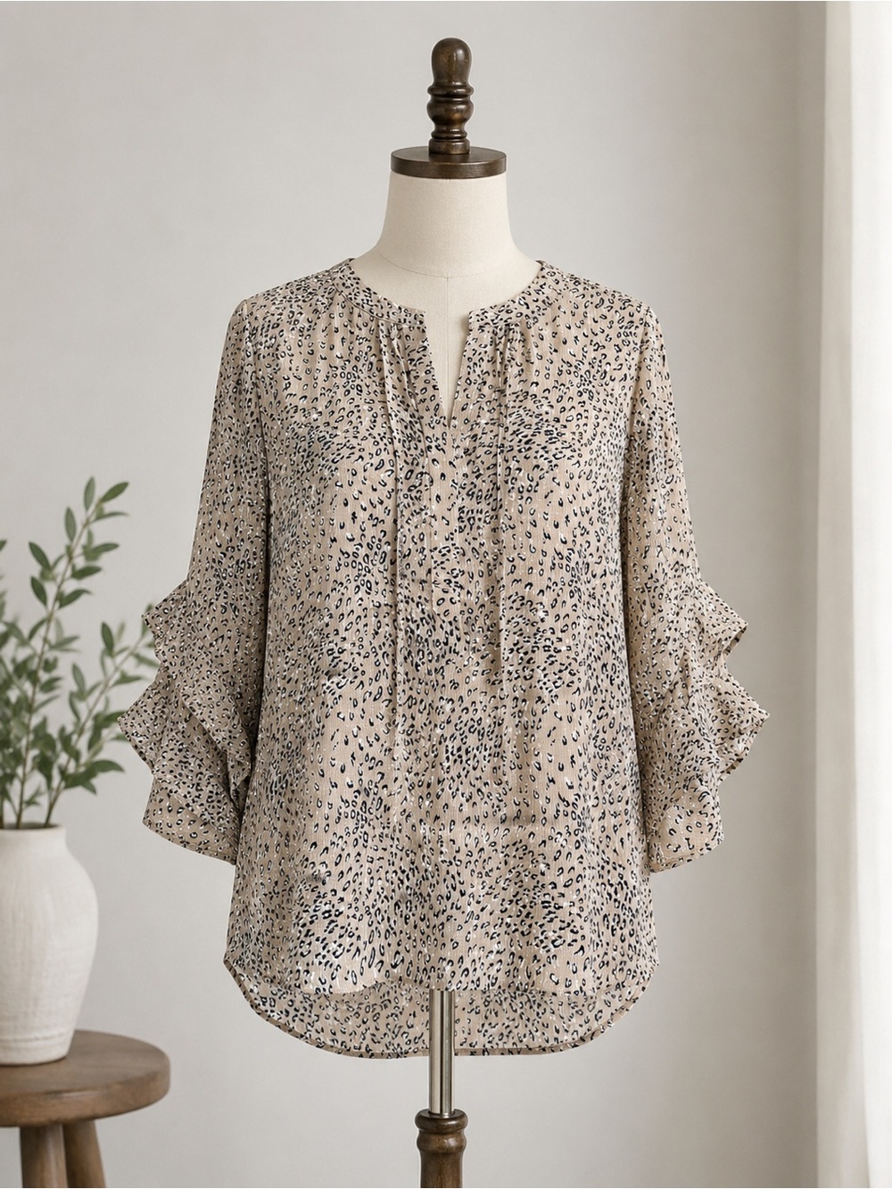 Vince Camuto Neutral Leopard Print Tie-Front Blouse